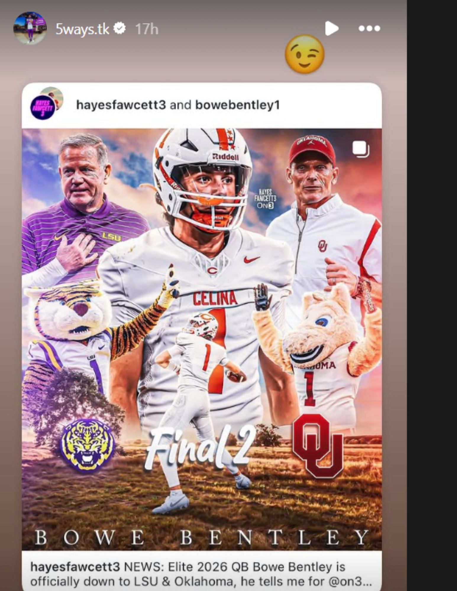 LSU commit Tristen Keys reacts as Class of 2026 QB shares his final 2 programs via Instagram (image credit: instagram/5kways.tk)
